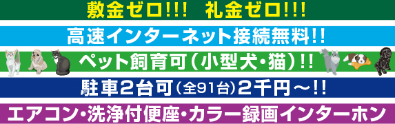 敷金・礼金不要!!
ペット可・インターネット無料、駐車場2千円〜
エアコン・洗浄付便座・カラー録画インターホン
駐車場2台可